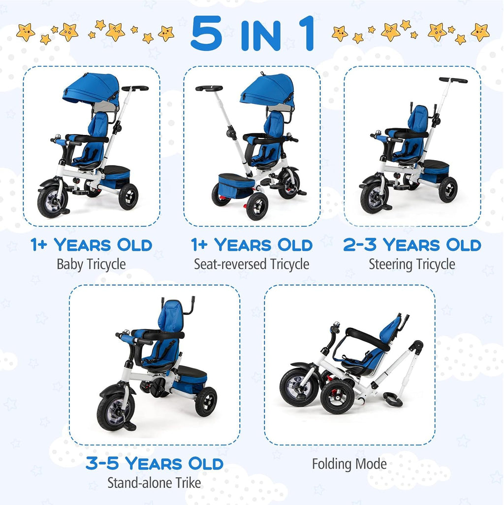 Costzon Tricycle, 5 in 1 Toddler Bike w/Foldable Push Handle, Rotatable Seat, EVA Wheel, Adjustable Canopy, Storage Basket & Bell, Trike for Kids 1-5 Years Old (Blue)