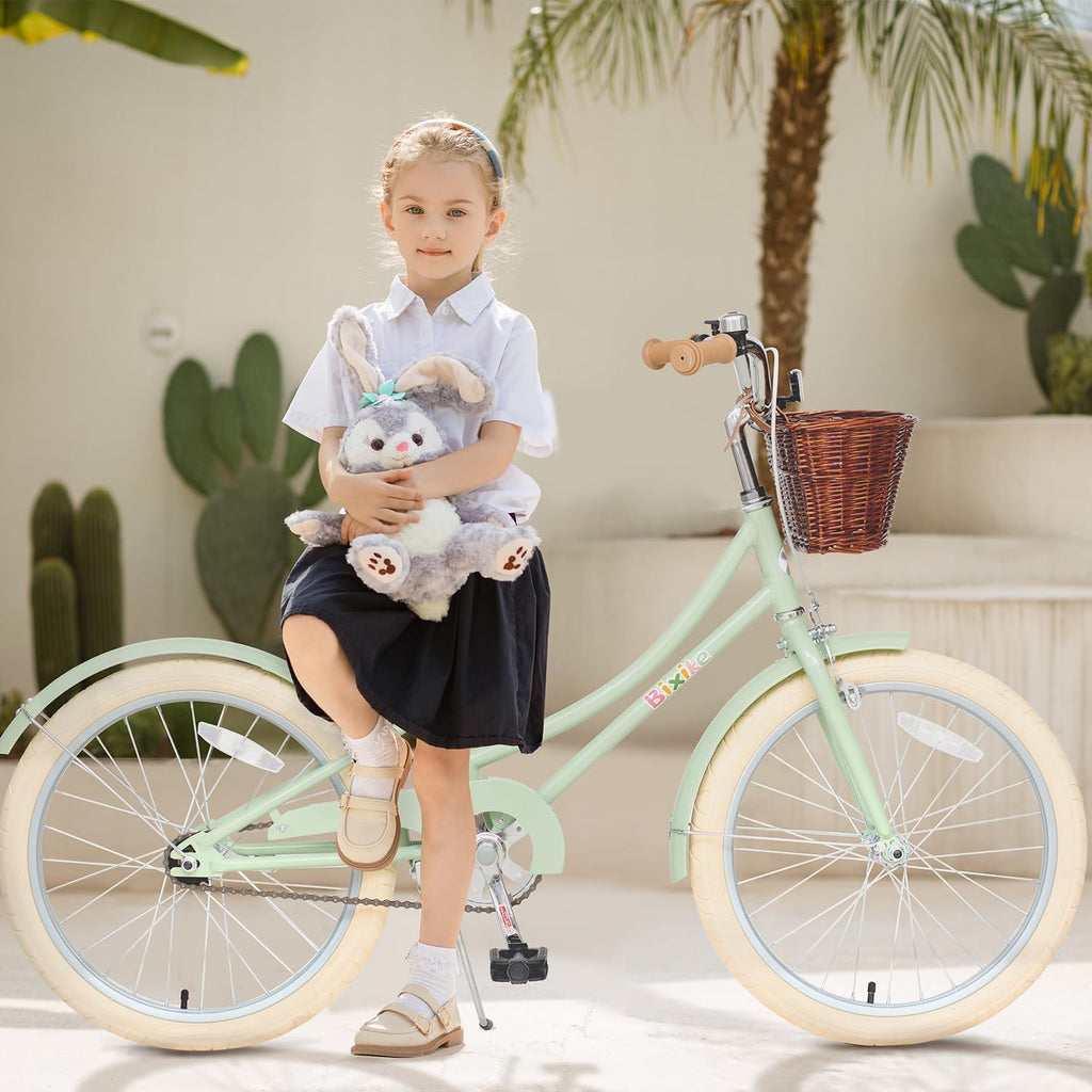 Bixike Retro Design Girls Bike with Basket and Coaster Brake for 3-13 Years Old Kids, 14 16 18 Inch Cruiser Bicycle for Toddlers with Training Wheels, 20 24 26 Inch with Kickstand, Multiple Colors