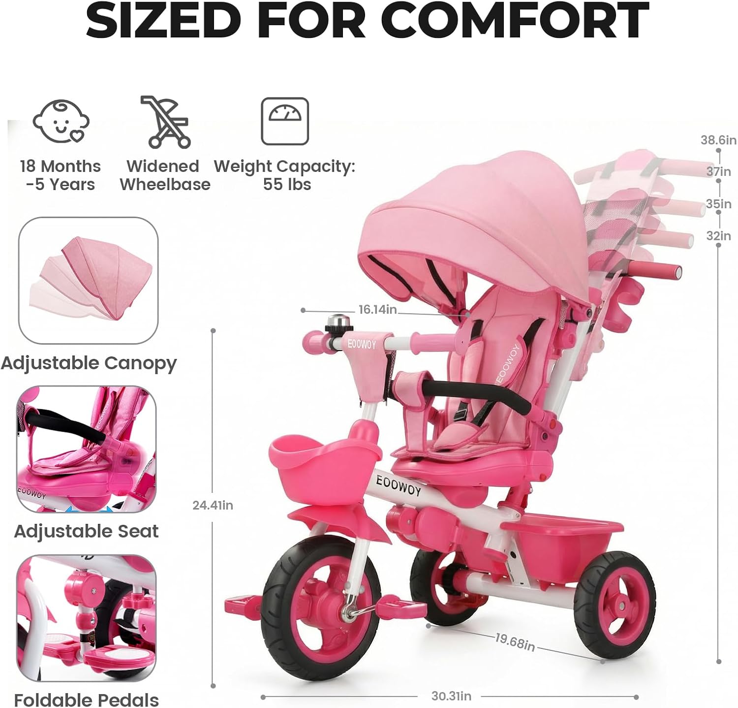 EOOWOY Toddler Tricycle with Push Handle, 7 in 1 Stroller Trike with 360° Swivel Seat, Reclining Backrest, All-Terrain Wheels, Dual Brakes, Canopy & Storage, Gift for Kids 18 Months to 5 Years, Pink