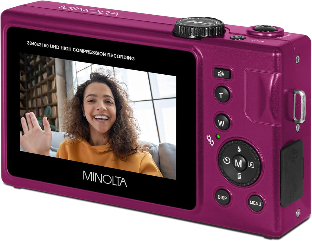 Minolta 48MP Autofocus Digital Camera with Selfie Mirror – 4K Ultra HD Video, 16x Digital Zoom, 3.0' LCD, Face Detection, Smile Capture, Scene Modes, Rechargeable Battery, Memory Card (Magenta)