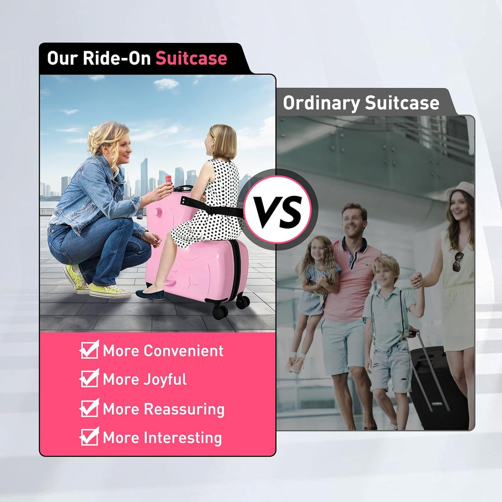 20' Ride on Suitcase for Kids, Carry on Trolley Suitcase with Double-row Universal Wheels Travel Riding Luggage with Password Lock/Safety Belt/Telescoping Handle, Pink