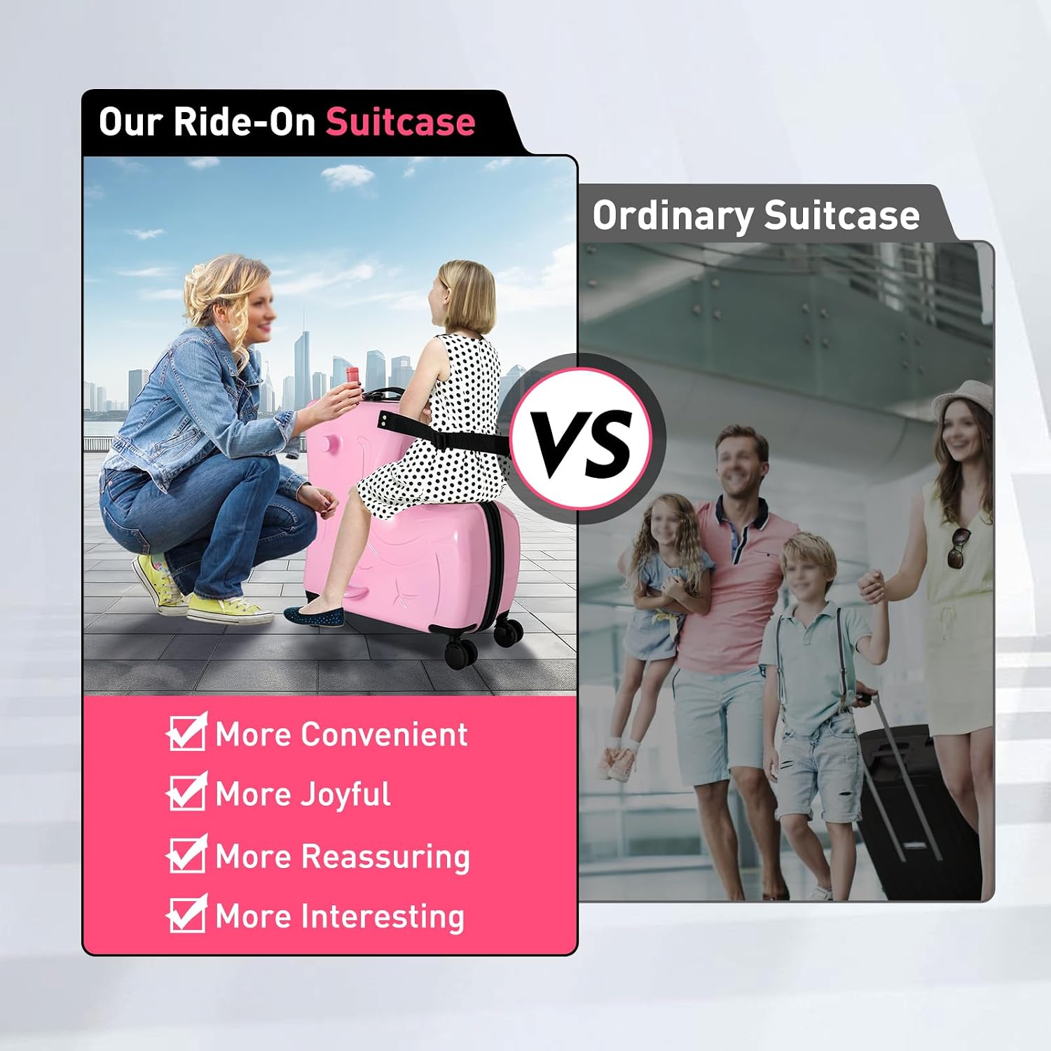 20' Ride on Suitcase for Kids, Carry on Trolley Suitcase with Double-row Universal Wheels Travel Riding Luggage with Password Lock/Safety Belt/Telescoping Handle, Pink