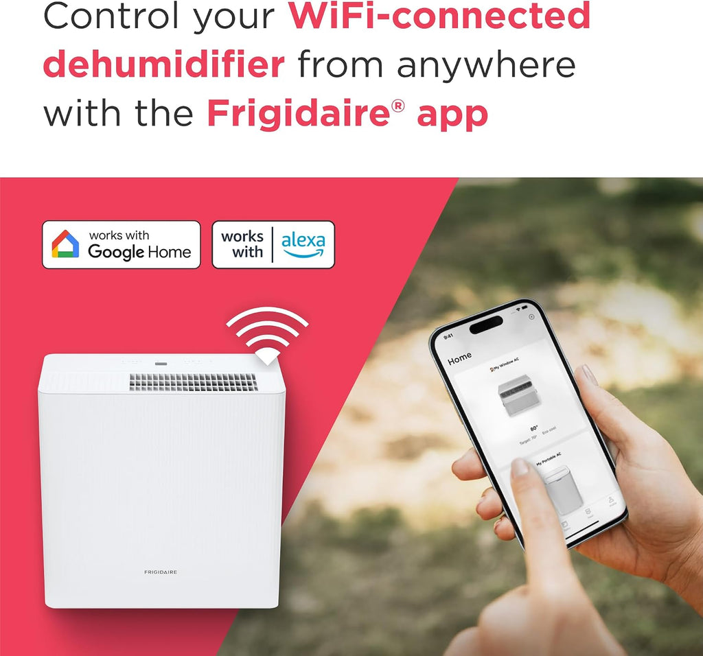 Frigidaire 50-Pint Portable Dehumidifier with Wi-Fi and Energy Star Certification for Medium/Large Rooms & Basements, Custom Humidity Control, Auto Shut Off, White