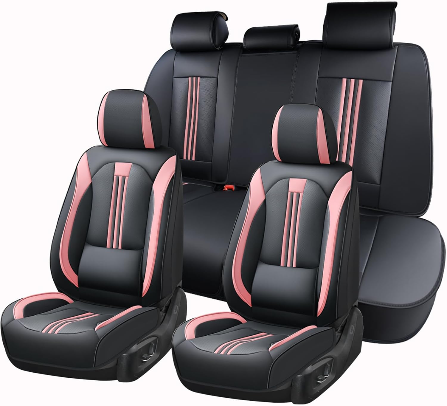 Huidasource Car Seat Cover, Seat Covers Nappa Leather with Lumbar Support, Side Elastic Fabric, Velcro Adjustable, Airbag, Ventilation Heating, Universal Fit for Most Cars SUV Trucks, Black＆Pink