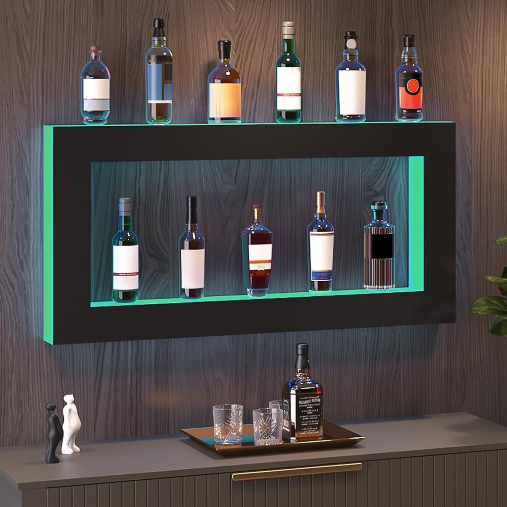 VEVOR LED Lighted Liquor Bottle Display Shelf, Square 48 Inches, Supports USB,Illuminated Home Bar Shelf w/RF Remote & App Control 7 Static Colors 1-4 H Timing, Acrylic Wall-Mounted Shelf