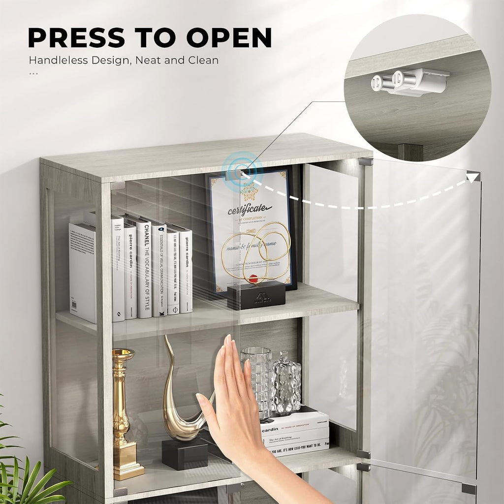 BROTTAR Display Cabinet with Glass Doors, 4-Tier Curio Cabinet with 3 Color Lights for Collectibles, Glass Display Case with Human Body Sensor, Bookcase with 4 Shelves, Storage Cabinets, Gray