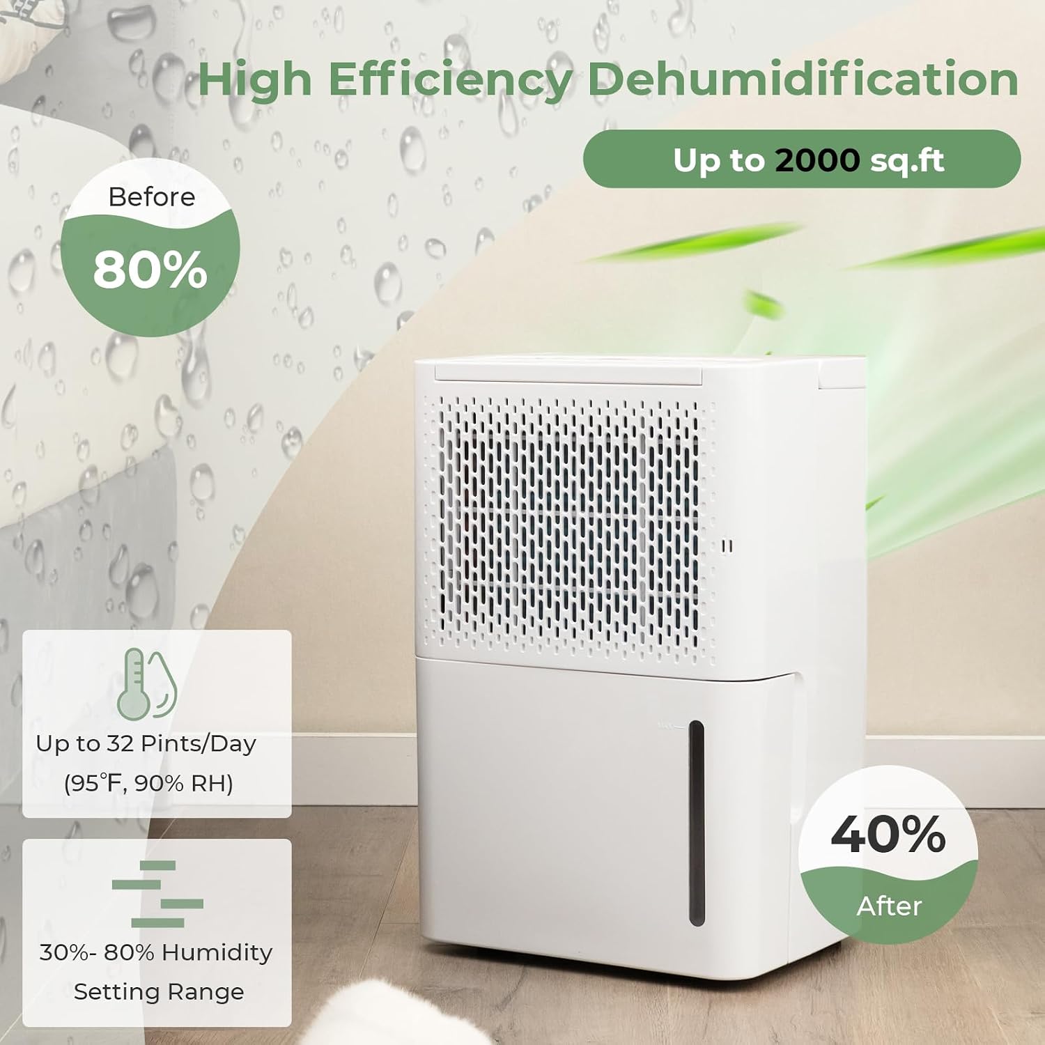 COSTWAY 2000 Sq. Ft Dehumidifier for Basement, 32 Pint Quiet & Energy Efficient Dehumidifier with Continuous/Drying/Auto Mode, 24H Timer, Drain Hose & Portable Handle for Bathroom Bedroom