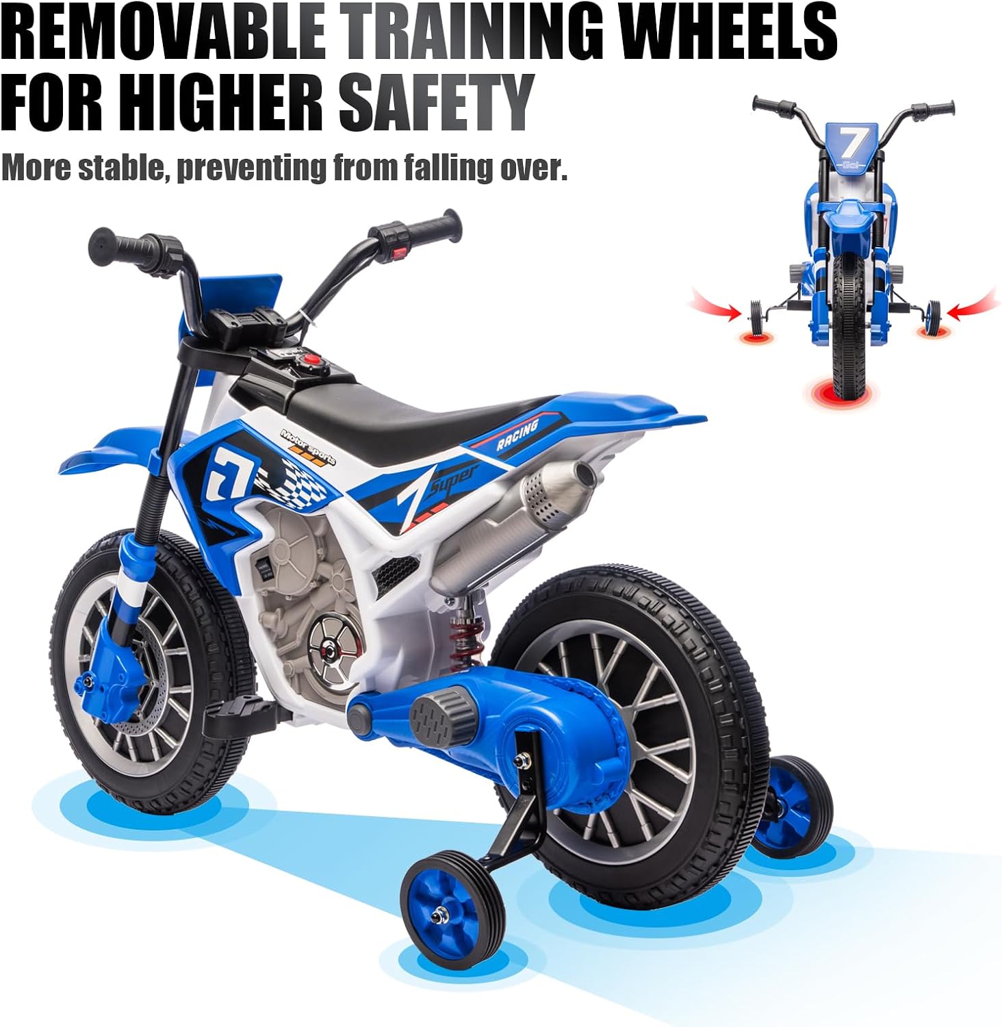 JOYLDIAS Kids Motorcycle, 12V7AH Ride On Motorcycle for Kids w/Training Wheels, Music, Spring Suspension, High/Low Speeds, Blue