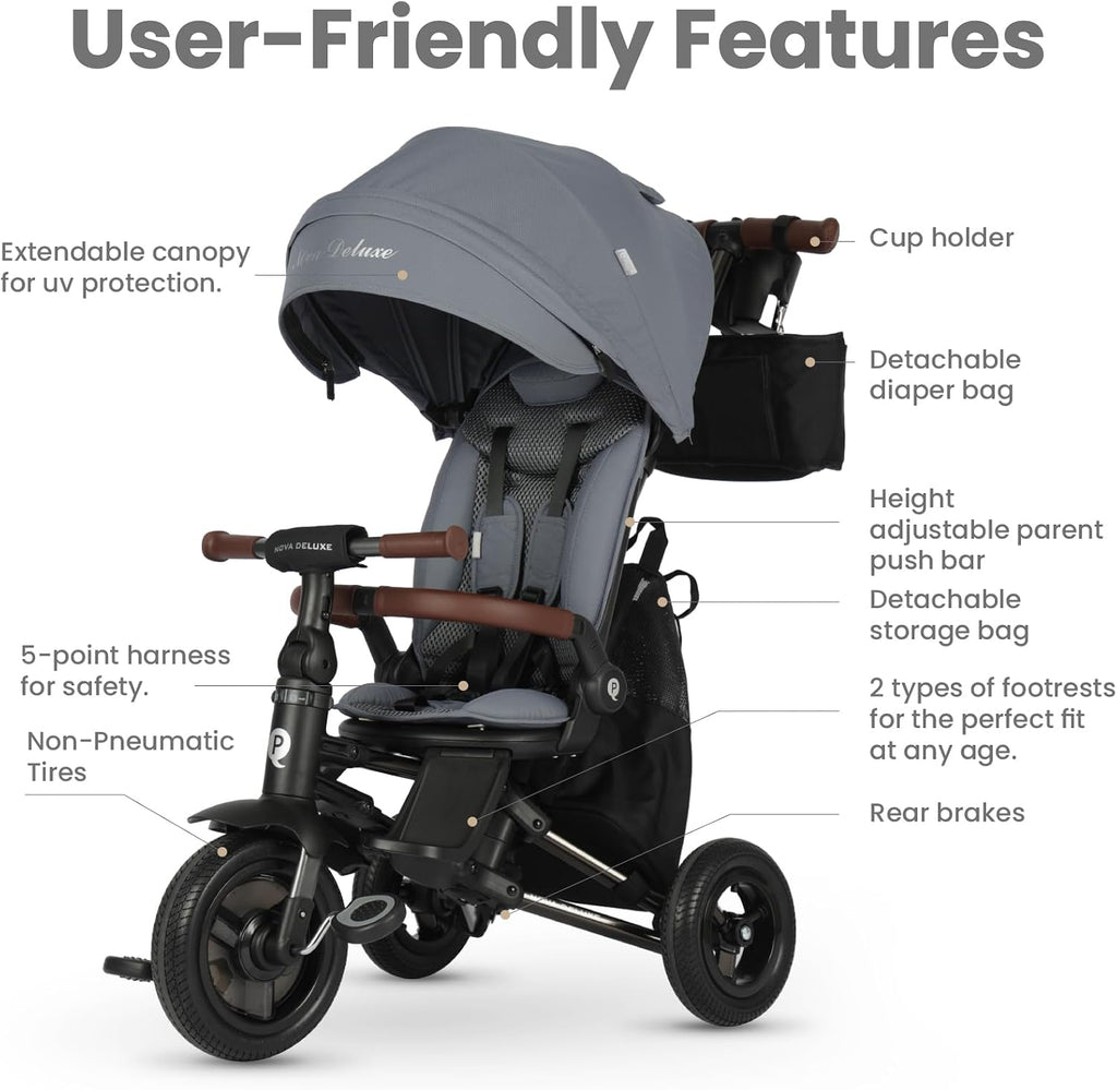 QPlay Baby Bike Stroller for Age 10 Months to 6 Years Old,8 in 1 Folding Toddler Bike Stroller with Removable Canopy & Guardrail Rotatable Seat -Tricycle for Toddlers Age 3-5 Boys & Girls Gift Trike