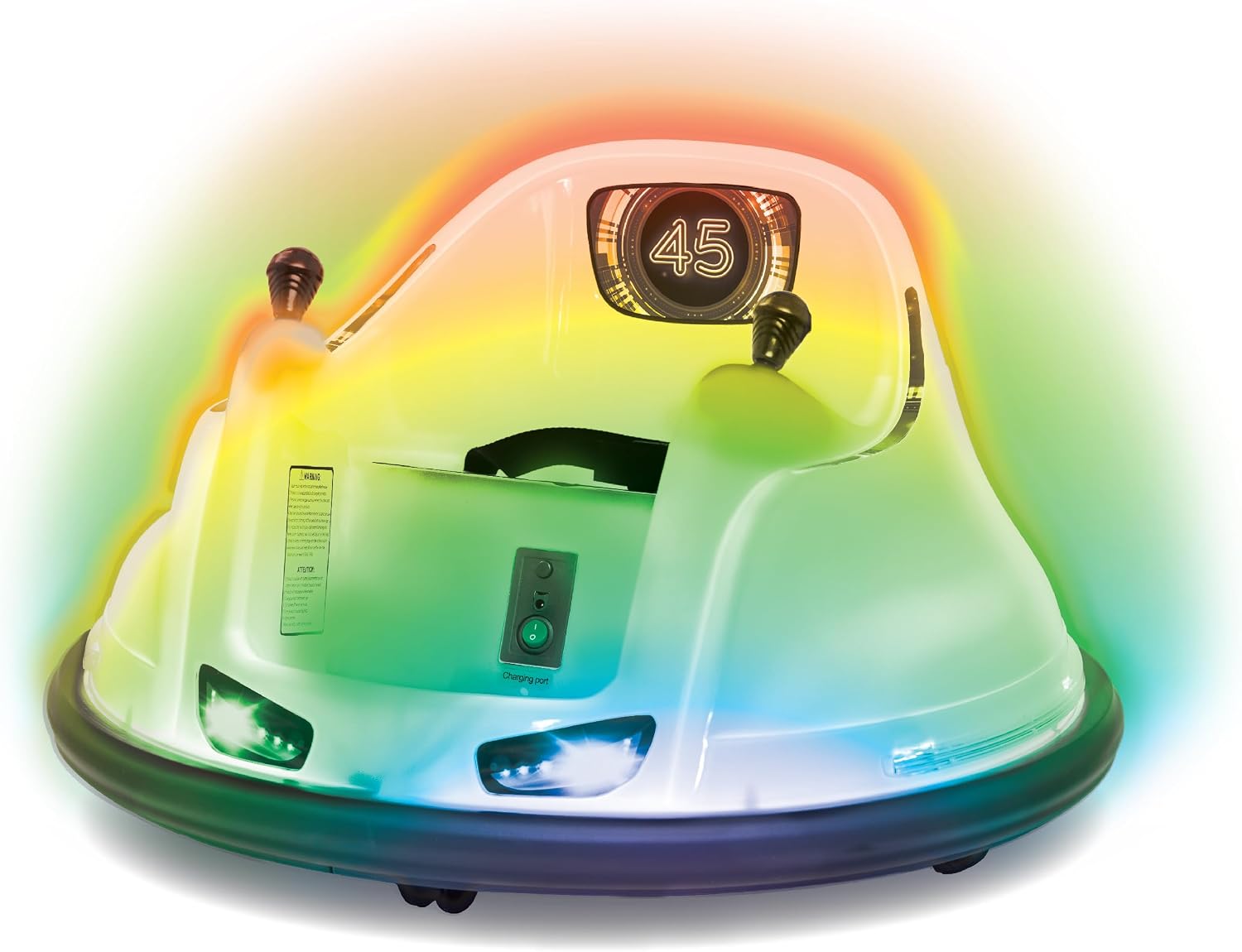 Flybar 6V White Glow Bumper Car for Kids – LED Ride-On Toy with 360° Spin, Rechargeable Battery, and Soft Rubber Bumpers – Safe Indoor Fun for Toddlers Ages 1.5+, Up to 66 lbs