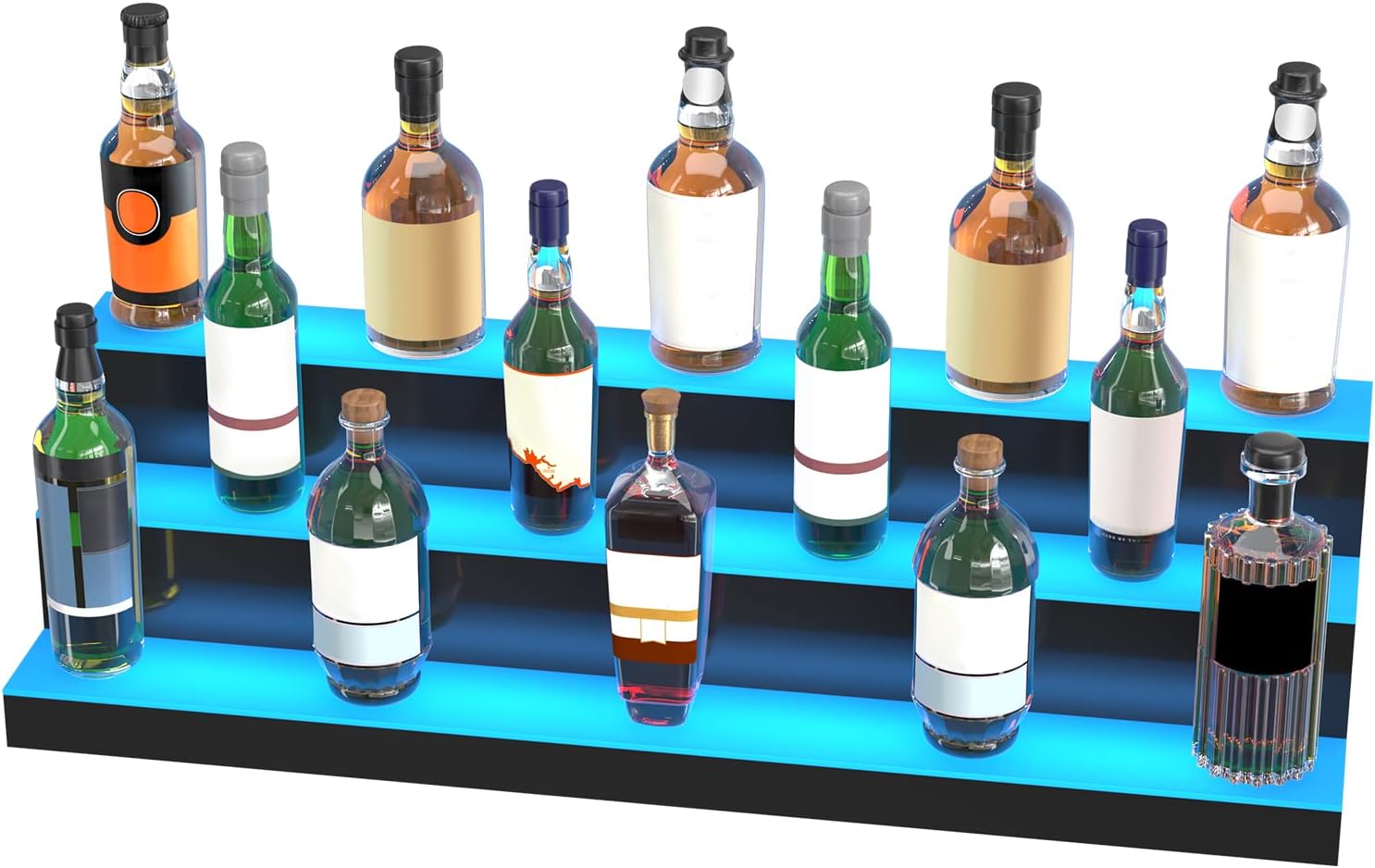 VEVOR LED Lighted Liquor Bottle Display, 3 Tiers 40 Inches, Supports USB, Illuminated Home Bar Shelf with RF Remote & App Control 7 Static Colors 1-4 H Timing, Acrylic Lighted Shelf for 30 Bottles