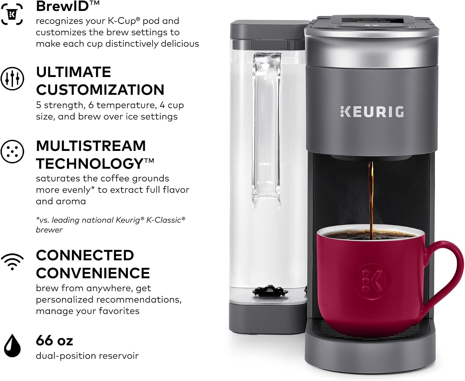 Keurig K-Supreme SMART Single Serve Coffee Maker With Wifi Compatibility, 4 Brew Sizes, And 66oz Removable Reservoir, Compatible with Alexa, Gray