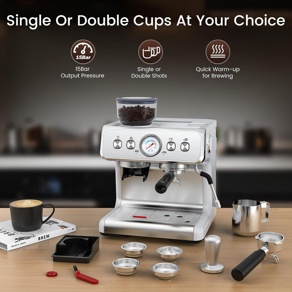 Electactic Espresso Machine with Built-in Grinder, Professional 20 Bar Cappuccino & Latte Machines with Milk Frother, 3-in-1 Stainless Steel Espresso Coffee Maker for Home, Office or Cafe