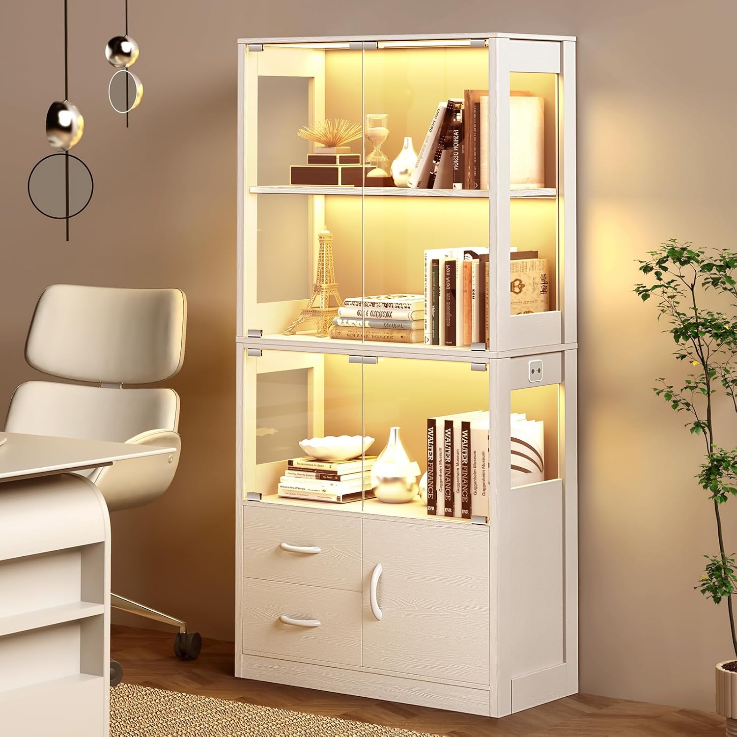 Display Cabinet with Glass Doors, 4-Tier Display Case with 3-Color Lights & Human Body Sensor, Storage Cabinets with 3 Shelves & 2 Drawers for Collectibles/Living/Dining/Game Room, White