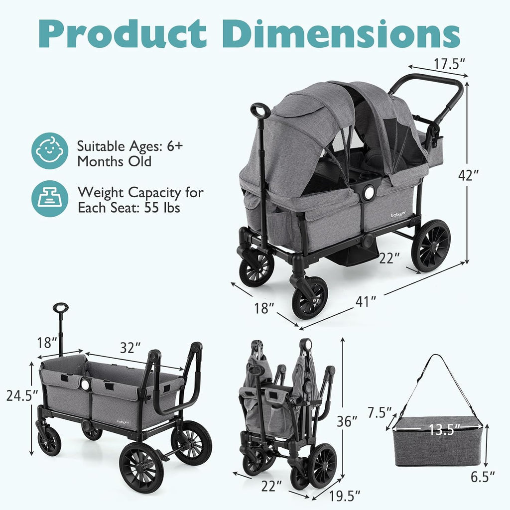 BABY JOY Wagon Stroller for 2 Kids, Collapsible Push Pull Double Stroller Wagon with Adjustable Handle Bar, Removable Canopy, Safety Harness, Cup Holder, Snack Tray & Storage Bag (Gray)