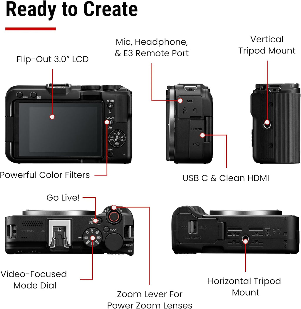 Canon EOS R50 V Mirrorless Camera (Body Only) – APS-C Digital Camera, Flip Screen 4K Video, Interchangeable Lens Camera for Vlogging, Content Creation, Streaming, Filming, Podcasts, TikTok
