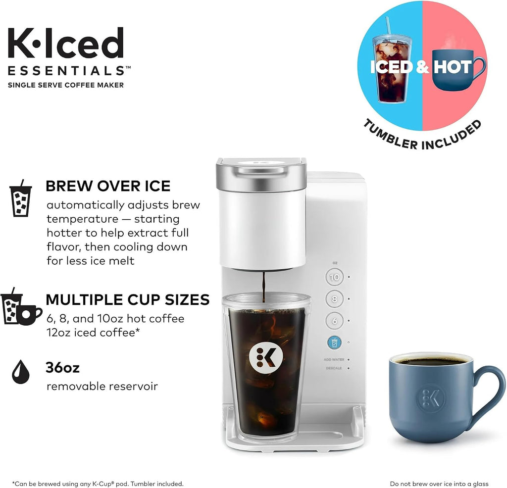 KeurigK K-Iced Essentials Coffee Maker, Iced and Hot Single-Serve KCup Pod Brewer with Removable Reservoir and Auto-Off, Energy Efficient, Includes K Iced Tumbler, Compact, White