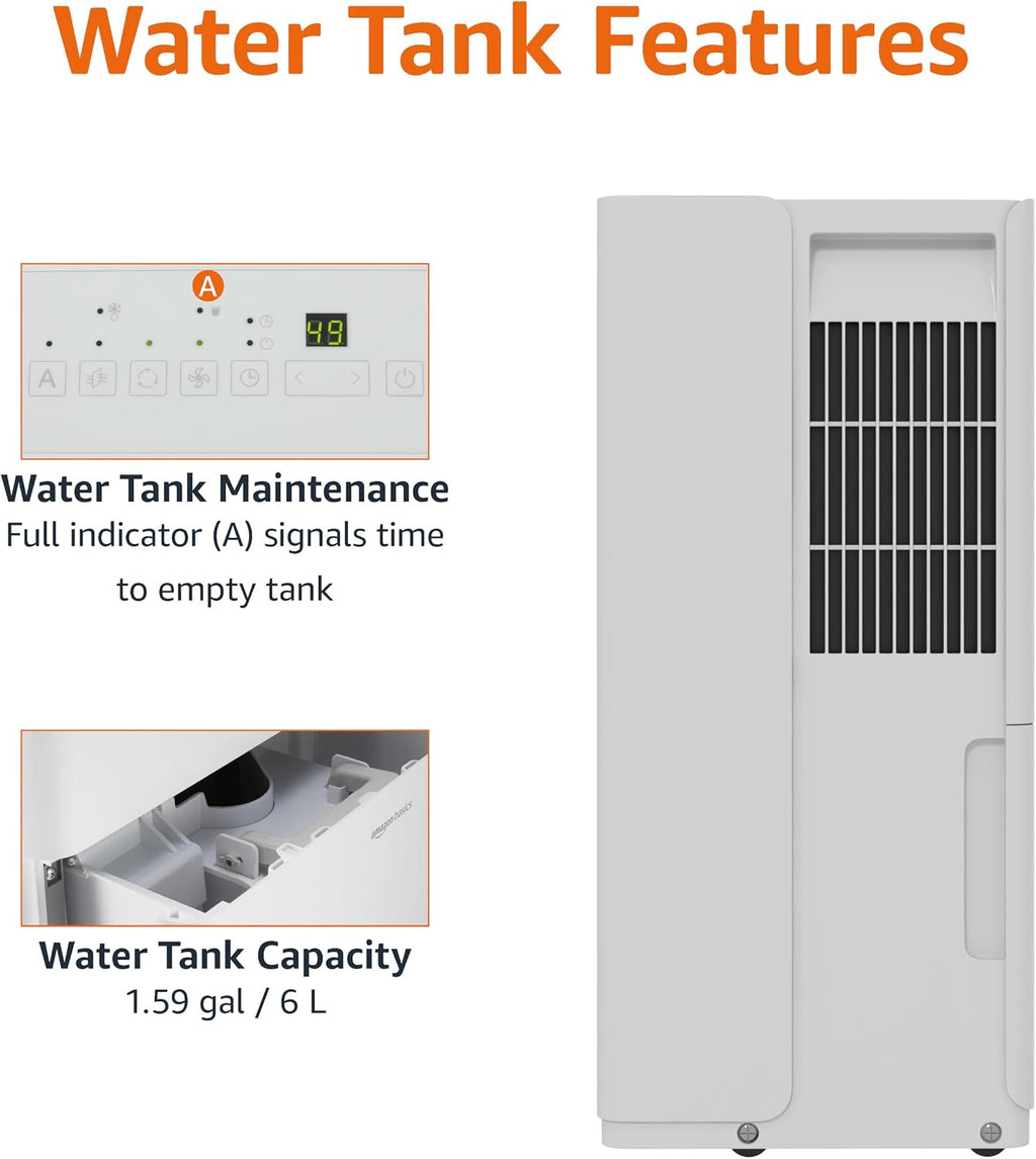Amazon Basics 35-Pint Large Dehumidifier for Home, Humidity Control, Auto-Defrost, Timer, Overflow Protection, for Rooms up to 2500 SFT, White