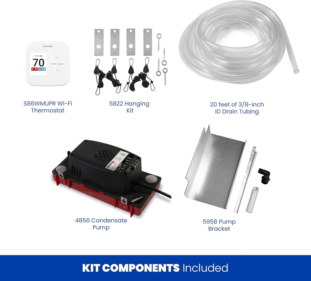 AprilAire E050PZ 50-Pint Professional-Grade, Whole-House Dehumidifier with drain hose for up to 1,600 Sq. Ft. with S86WMUPR Wi-Fi Thermostat, Drain Hose, Condensate Pump, Bracket, and Hanging Kit