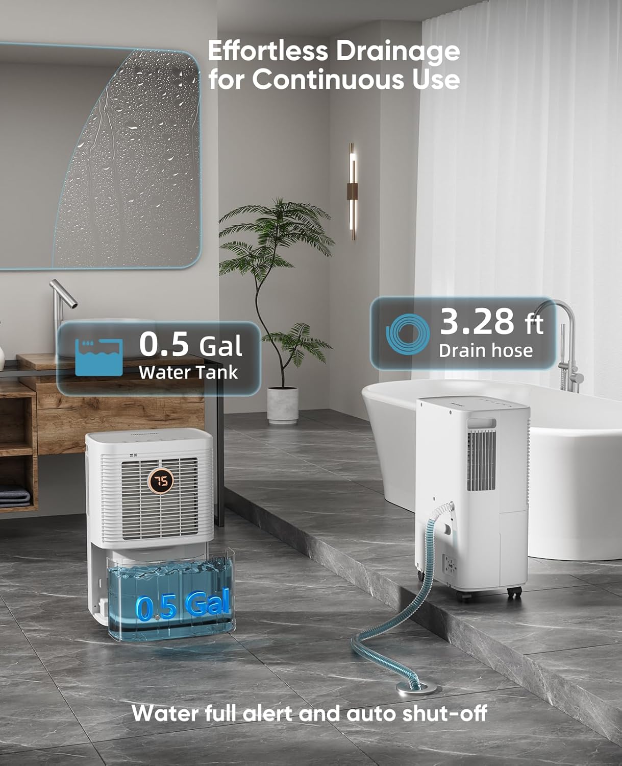34 Pints Dehumidifier for Basement and Home, Quiet 3-Mode Operation with Continuous Drain Hose, 0.5 Gal Tank, Auto Defrost and 24H Timer for Bedrooms and Bathrooms (Off-White)