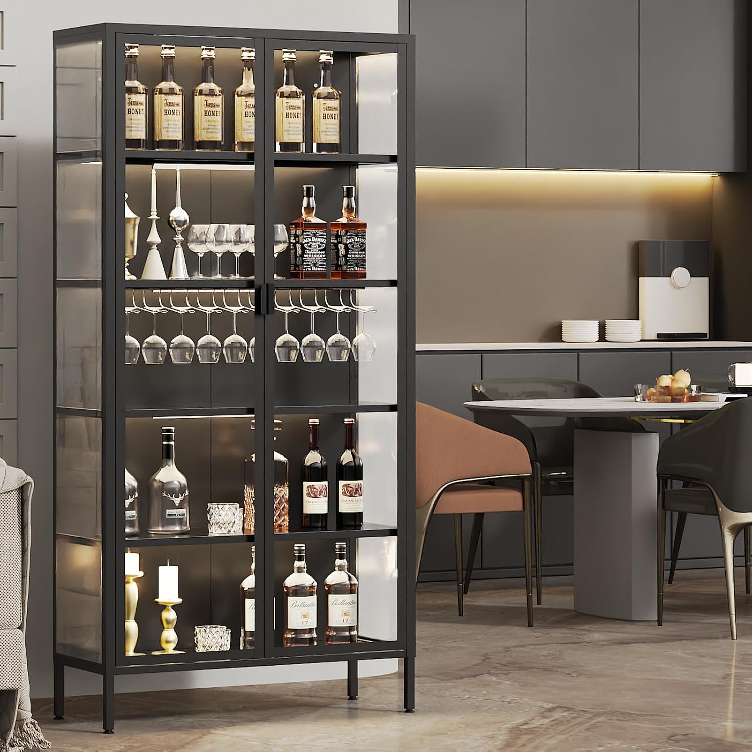 Eltean 71' H Display Cabinet with Glass Doors, 5 Tiers Curio Glass Display Cabinet with 3 Colors LED Sensor Light,Display Cabinets for Collectible with 4 Adjustable Shelves for Living Room,Bedroom