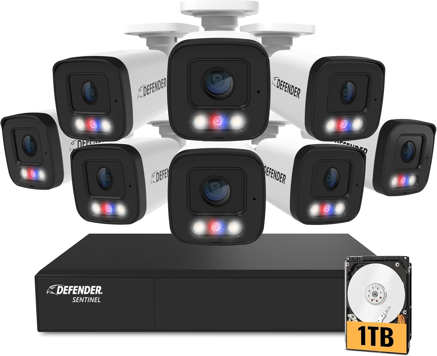 Defender AI Powered Sentinel 4K 8CH PoeE Security Camera System, 8pcs NVR Metal Outdoor Surveillance Cameras, 1TB HDD, SMART AI Human Detection, Blue/Red Lights, Works w/Empower App