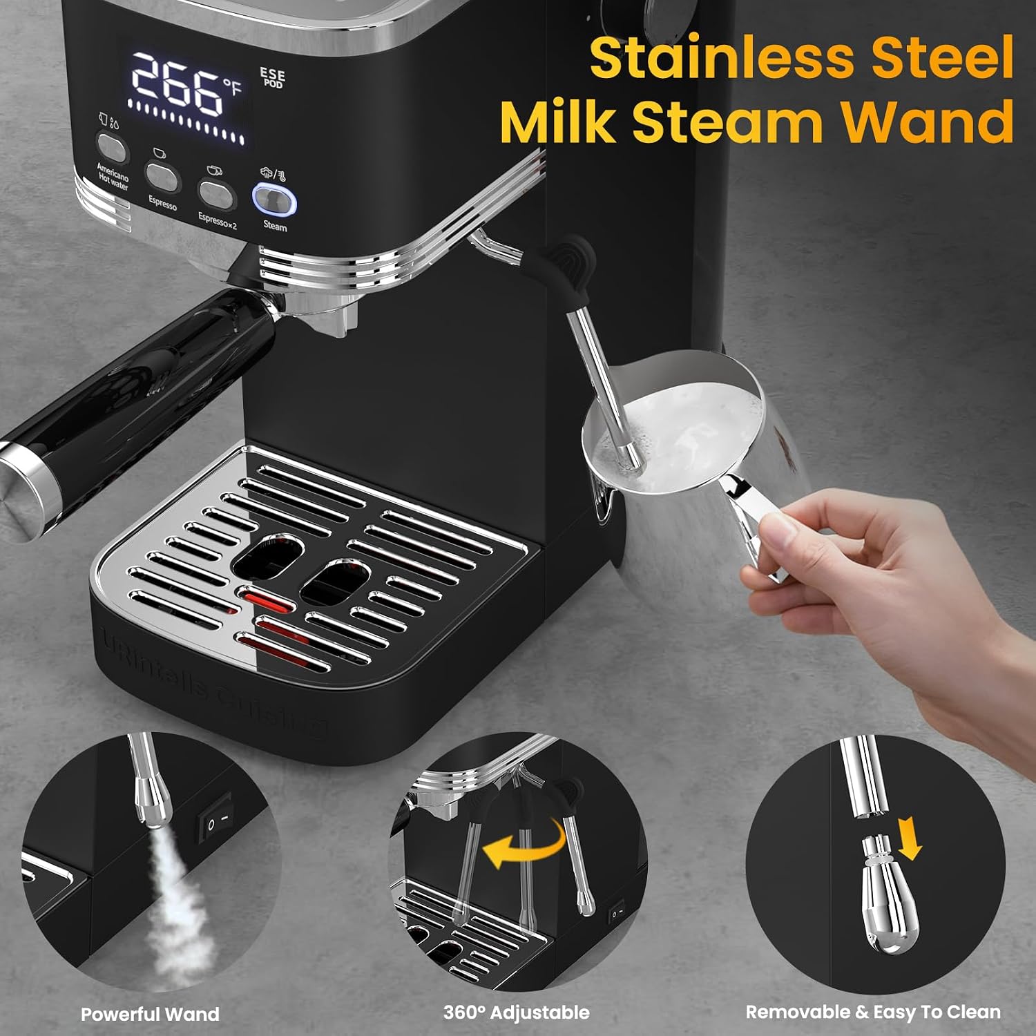 Espresso Machine 20 Bar Temperature Time LED Display Espresso Maker with Adjustable Extraction Temperature Stainless Steel Coffee Machine with Powerful Steam Wand for Cappuccino Latte,Black