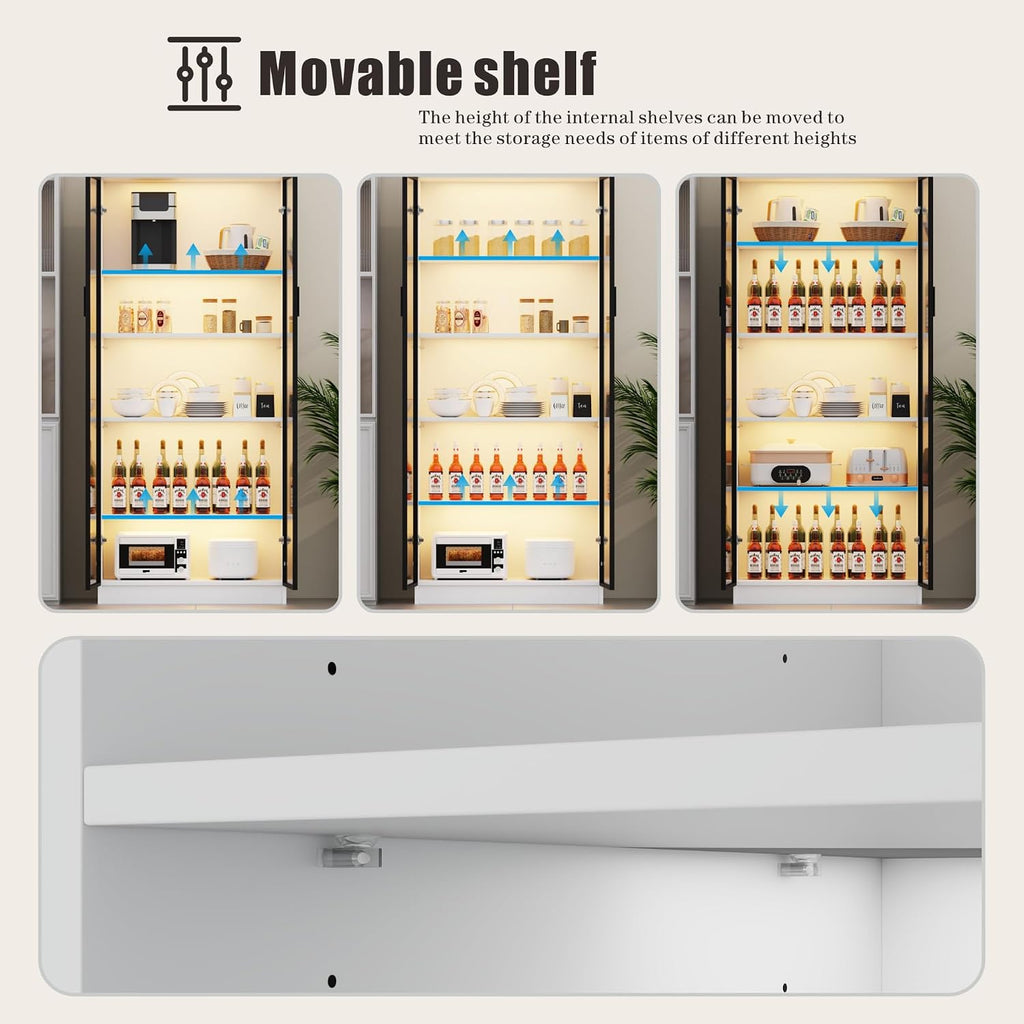 Dystler Display Cabinet with Doors and Adjustable Shelves, 65' Tall Bookcase with LED Lights/Human Sensor, 5 Tier Display Case for Collectibles Bedroom Living Room Office, White