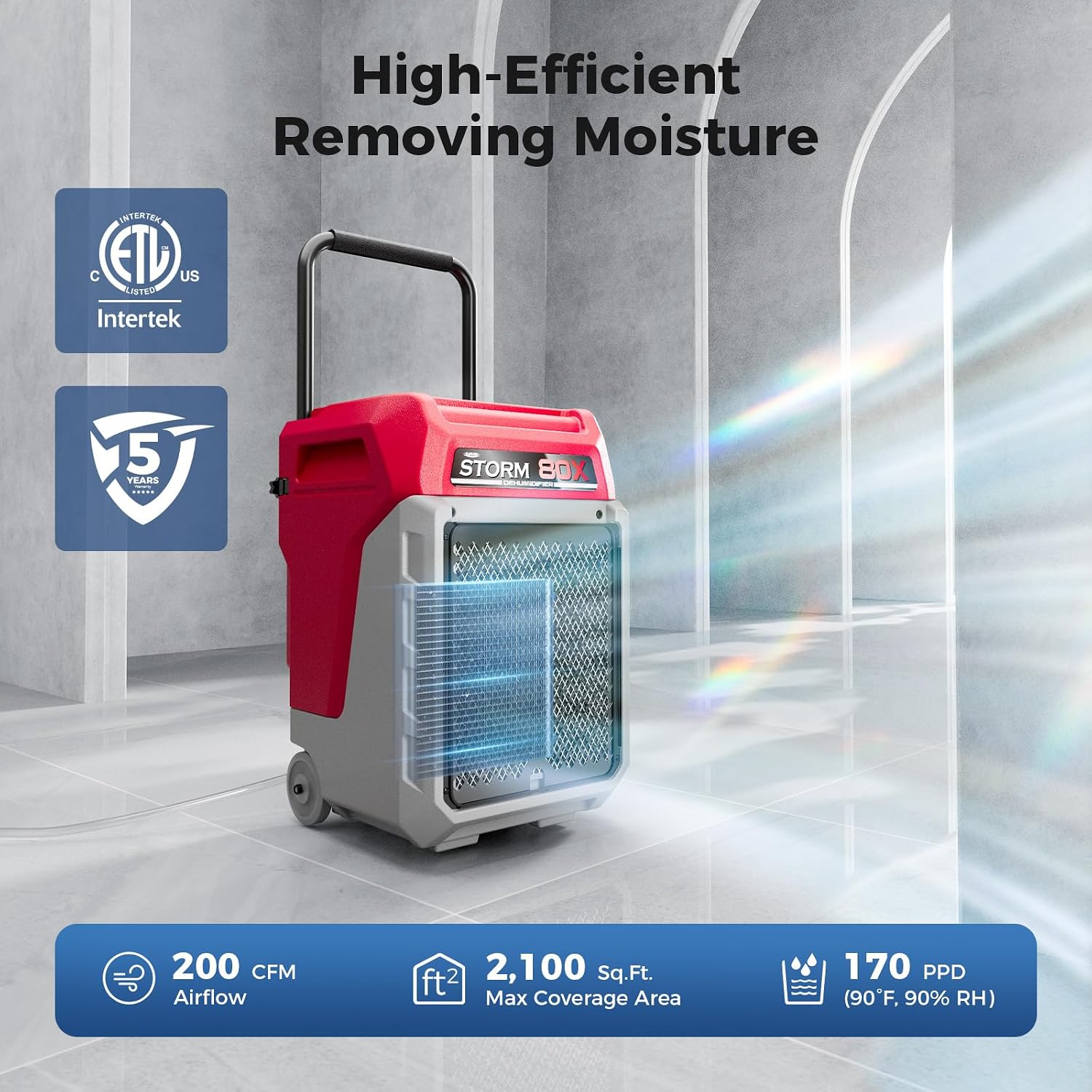 ALORAIR 170 PPD Commercial Dehumidifier with Pump & Drain Hose, LGR Industrial Use, Portable Dehumidifier with Wheels for Water Damage Restore, Carpet Drying, Storm 80X (Red)