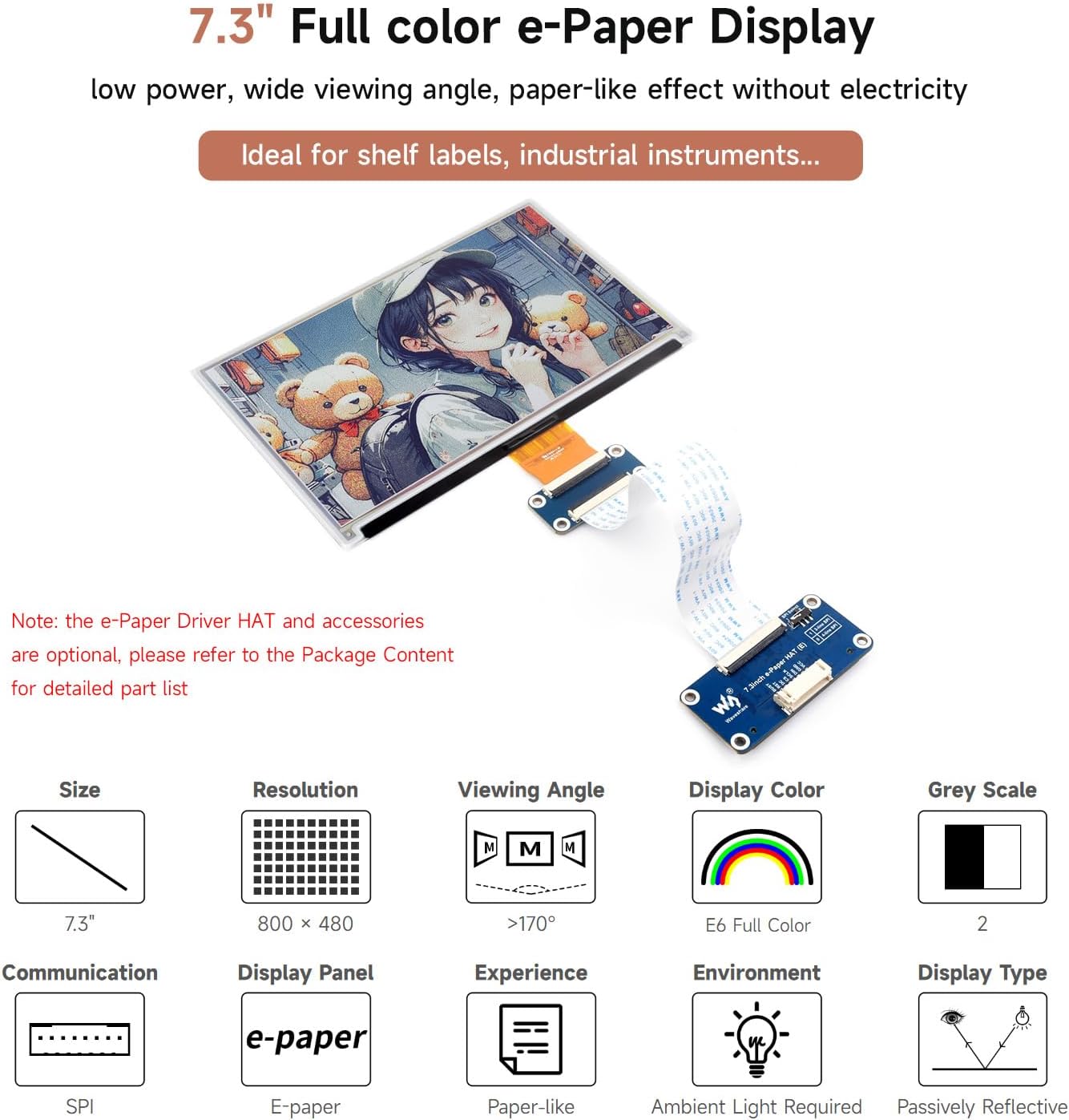 Waveshare 7.3inch 6-Color E-Paper Display Module, Compatible with Raspberry Pi 5/4B/3B/Zero/Zero W/Zero 2W/Pico/Pico W/Pico WH, Support Jetson Nano/Jetson Orin Nano
