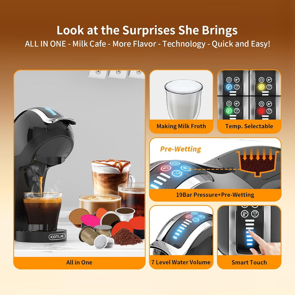 KOTLIE Espresso 5in1 Single Serve Coffee Maker, 19Bar Cappuccino&Latte Maker, Cold&Hot Brewing Coffee Machine for K*cup/NES*presso Original/D*olce G*usto/Ground Coffee/44mm ESE(Black)