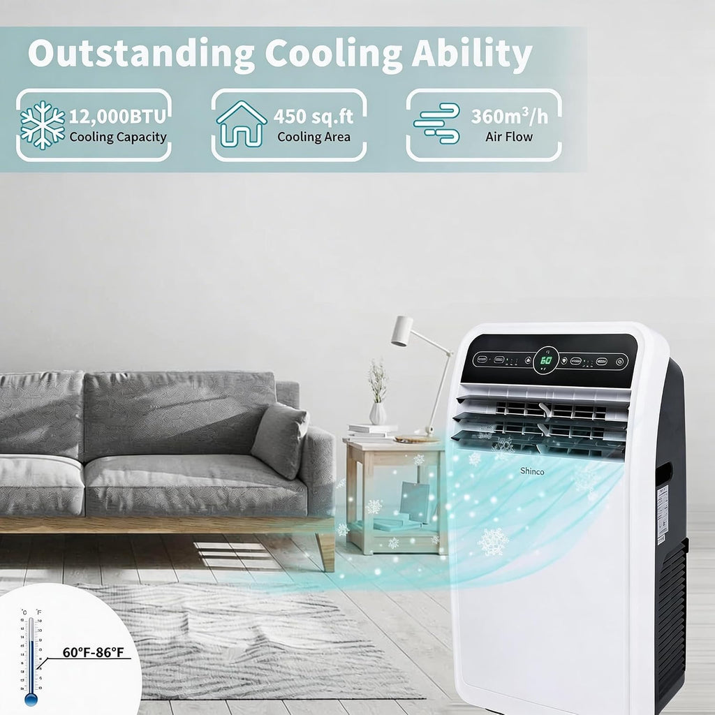 Shinco 12,000 BTU Portable Air Conditioner, Portable AC Unit with Built-in Cool, Dehumidifier&Fan Modes for Room up to 400 sq.ft, Room Air Conditioner with Remote Control, 24 Hour Timer