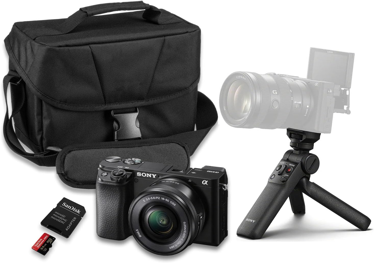 Sony a6100 Mirrorless Camera with Sony E PZ 16-50mm f/3.5-5.6 OSS II Lens + Sony GP-VPT3 Wireless Shooting Grip + SanDisk Extreme Pro 64GB and More (16pc Bundle)