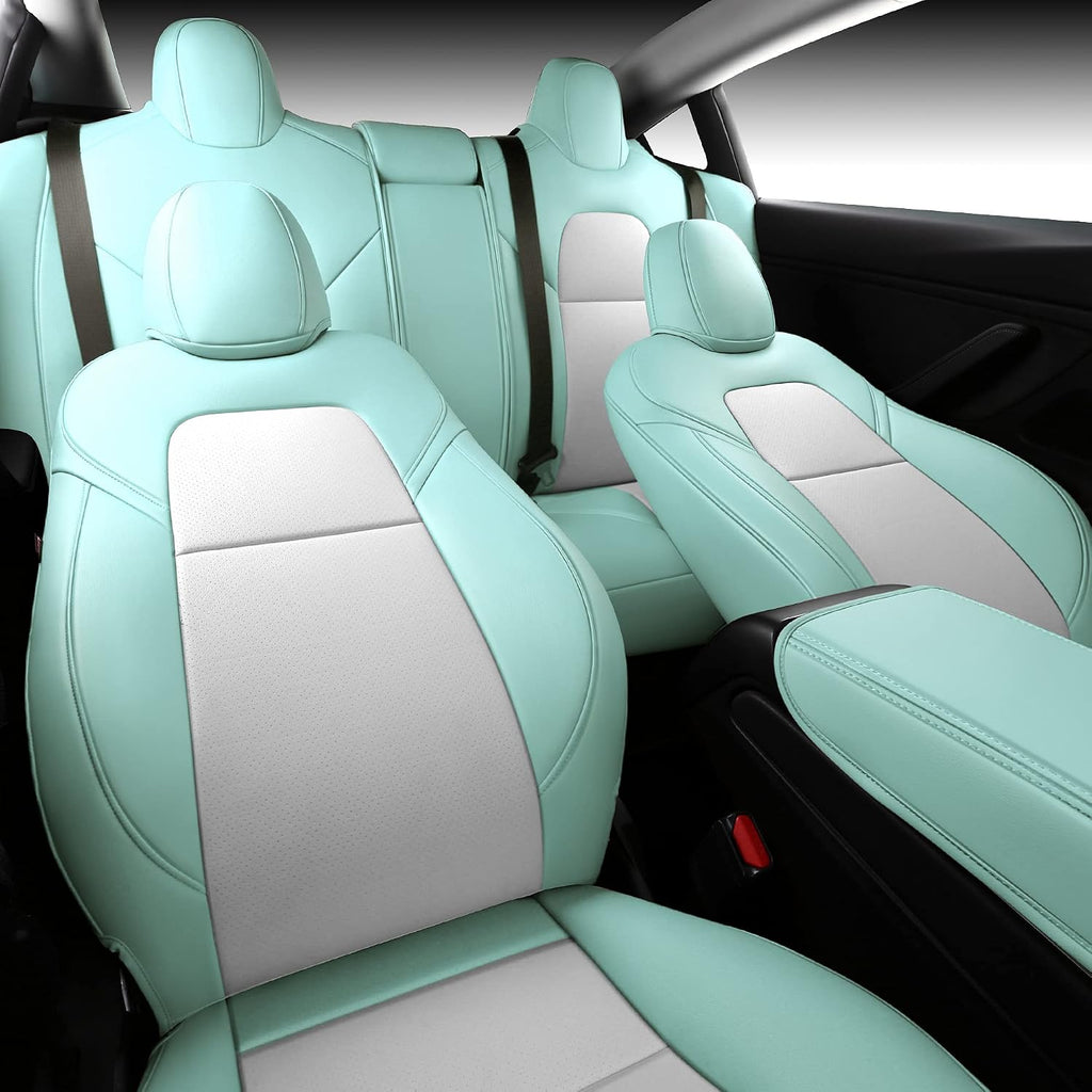 Seat Cover Custom Fit for Tesla Model 3 Synthetic Leather Car Seat Cushion Protector for 2017 2018 2019 2020 2021 2022 2023 Customized (Lichi Eggshell Blue Model 3)