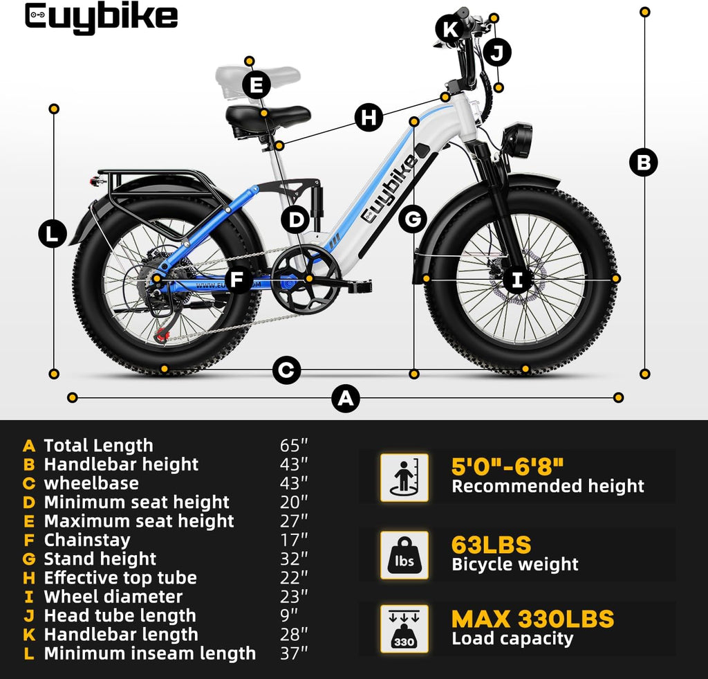 EUYBIKE Electric Bike for Adults 1400W Peak, 48V 20AH(960WH) Removable Battery, 20'x4' Fat Tire Full Suspension 80 Miles Range Step-Thru Hunting Ebike, 7-Speed Dual Brakes Electric Bicycle