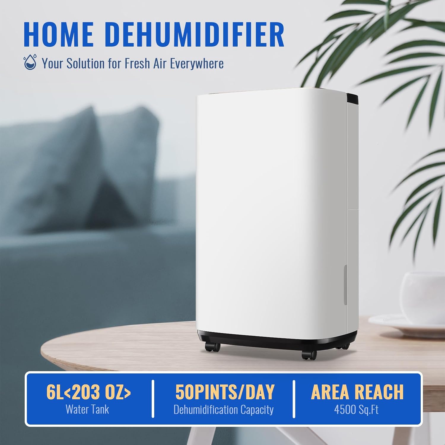 WANAI 50 Pint Portable Dehumidifier with Drain Hose for Basements, 4,500 Sq. Ft. Dehumidifiers Auto Drain or Manual Drainage, Quiet Dehumidifier for Home with 6L Water Tank