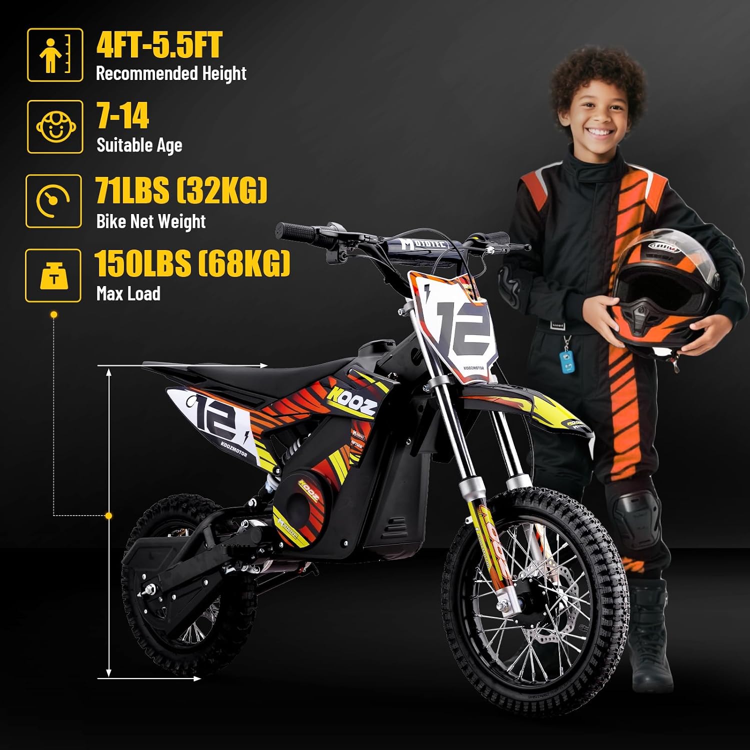 KOOZ HP112E PRO 36V 1000W Electric Dirt Bike for Kids, 3 Speed Modes Teen Electric Motorcycle Up to 20.6 MPH& 19 Miles Long-Range, Dual Suspension & Disc Brake, 16' Sturdy Tire