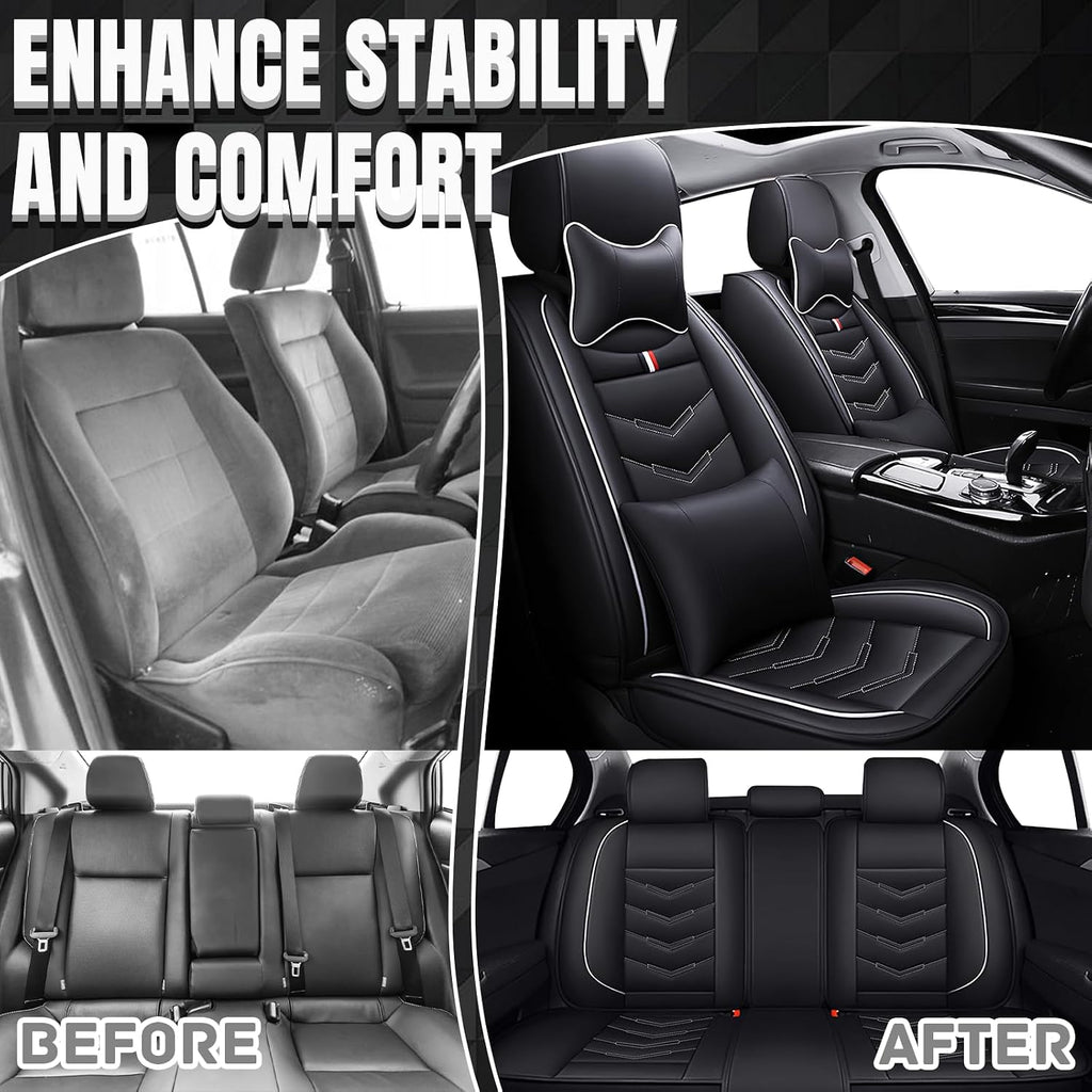 Car Seat Covers Fit for Chevy Traverse 2009-2025, Leather Seat Covers for Car, Waterproof Non-Slip Durable Car Seat Protector(5 Seats with Pillow,Black White)