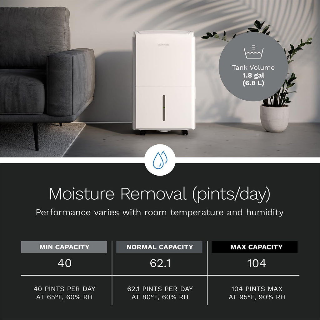 hOmeLabs Dehumidifier 6,000 Sq Ft Rooms (40 Pint MAX 104 Pint at 95°F, 90% RH) with Pump for Home, Office, Basements with Powerful Moisture Removal, Humidity Control, Auto Shut-off, Quiet Operation