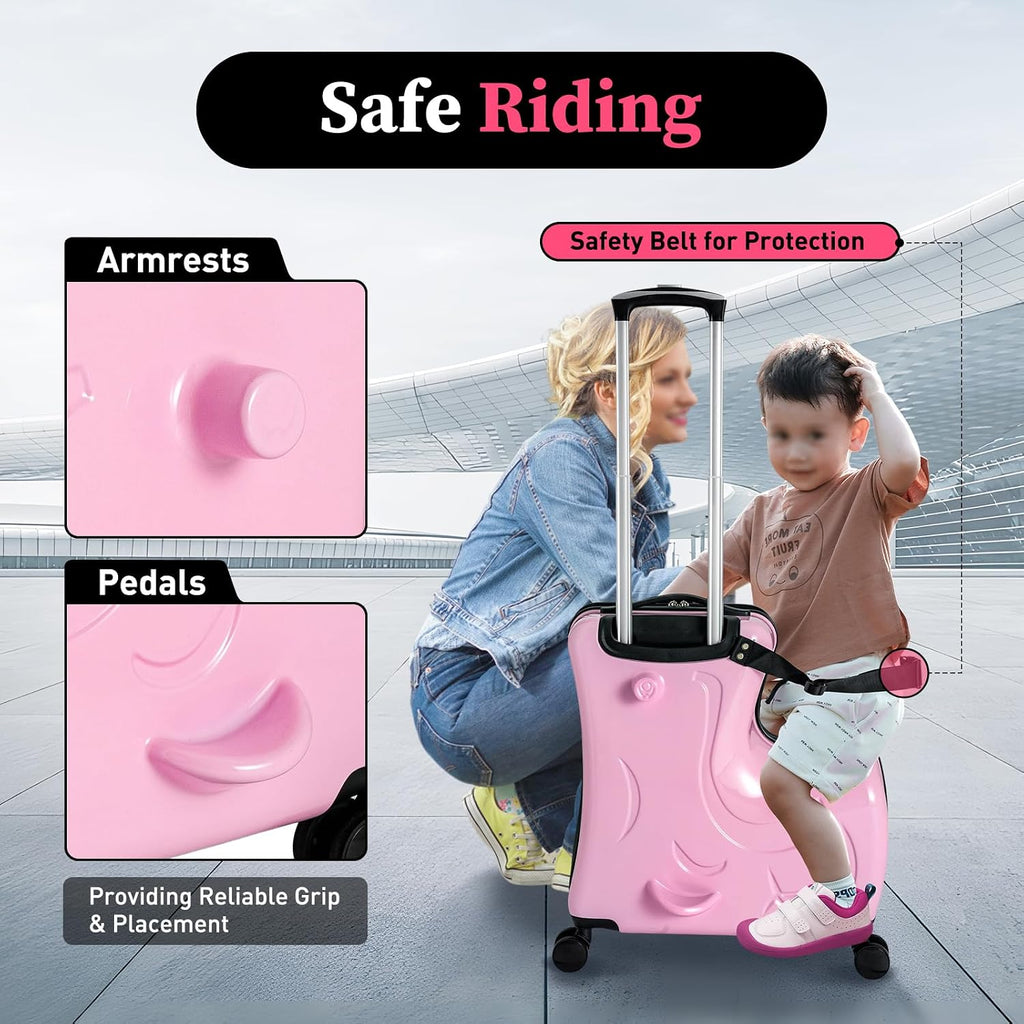 20' Kids Luggage, Rolling Kids Travel Suitcase with Seat and Safety Belt, Children's Ride for Toddler Ages 3-6(Pink)