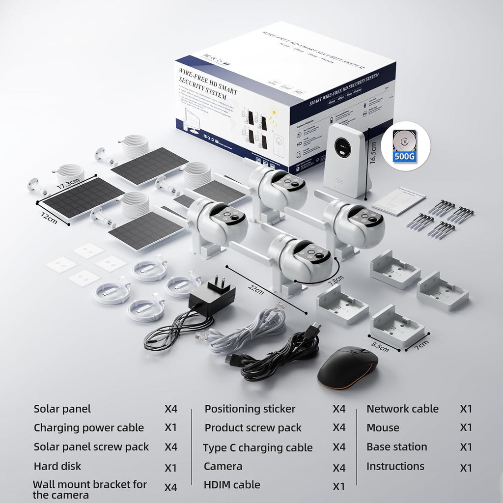 Solar Security Cameras Wireless Outdoor, 4MP Solar Powered Home Security Cameras System, 4 Cam kit, Color Night Vision, 360° PTZ, 500G HDD Local Recording, No Monthly Fees