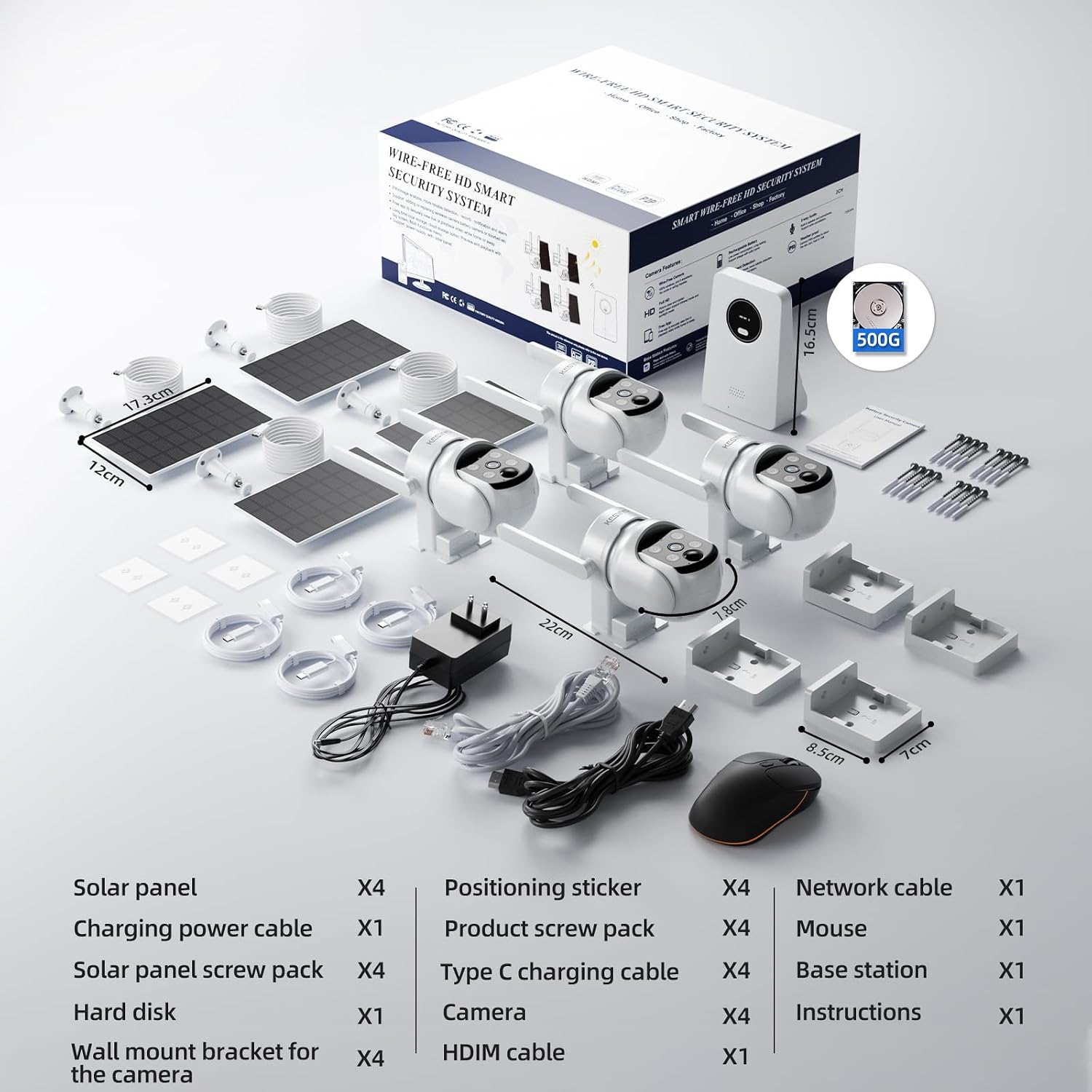 Solar Security Cameras Wireless Outdoor, 4MP Solar Powered Home Security Cameras System, 4 Cam kit, Color Night Vision, 360° PTZ, 500G HDD Local Recording, No Monthly Fees