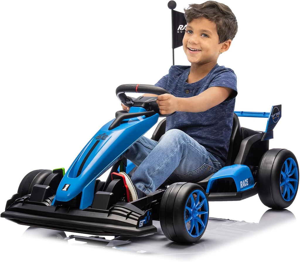 GarveeLife 24V Kids Ride on Go Kart, 7.5 mph Variable High Speed Drifting Car, 7ah Battery 200W*2 Motors,Adjustable Legroom for Kids Grows, Max Load 135 LBS, Power Display Racing Toy for 6+,Blue
