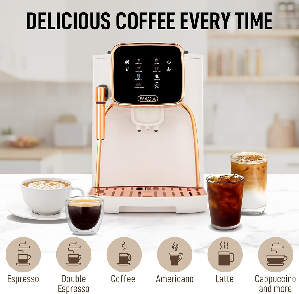 Zulay Kitchen Magia Clasica - Fully Automatic Espresso Machine With Grinder - Touch Screen Coffee Maker With One-Touch Operation - Milk Foam System For Latte, Cappuccino, Macchiato - Cream Copper