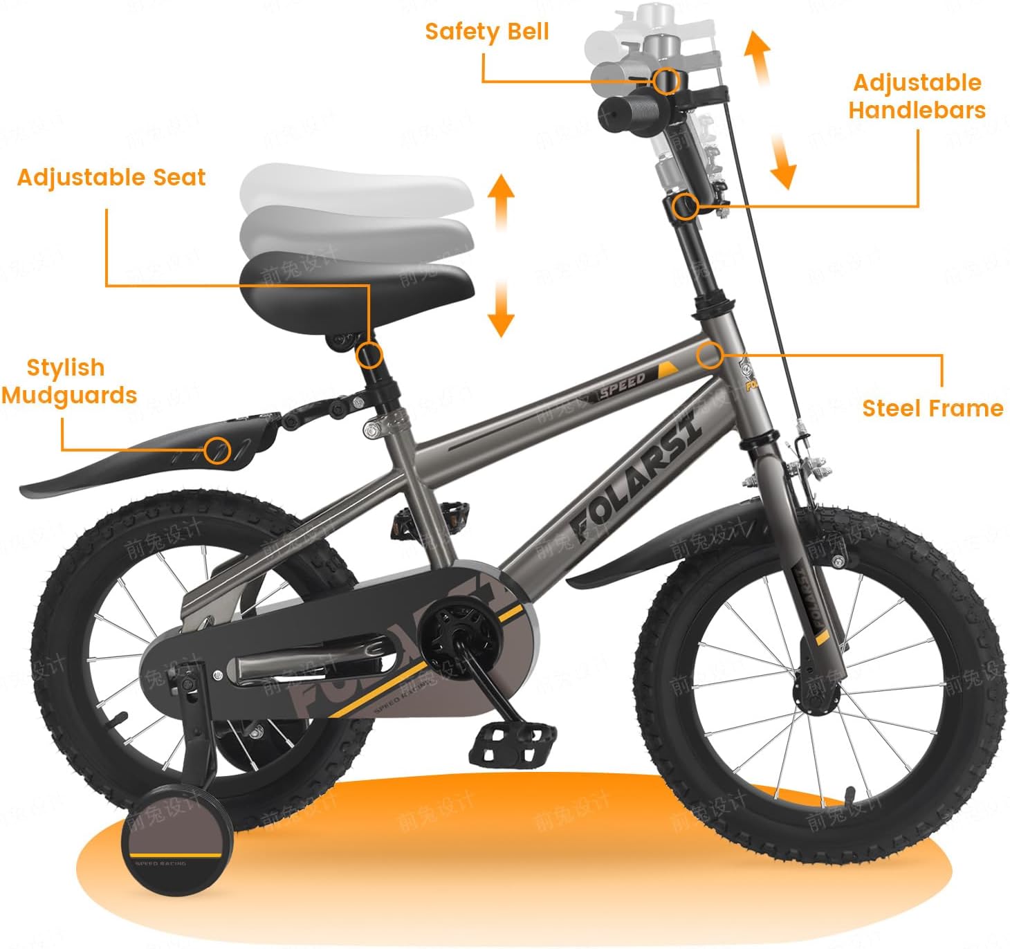 Boys Bike 12 14 16 Inch Kids Bicycle for 2-7 Years, Sporty Children's Mountain Bike with Training Wheels & Dual Brakes, Gray-Black Steel Frame