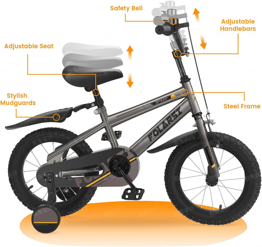 Boys Bike 12 14 16 Inch Kids Bicycle for 2-7 Years, Sporty Children's Mountain Bike with Training Wheels & Dual Brakes, Gray-Black Steel Frame