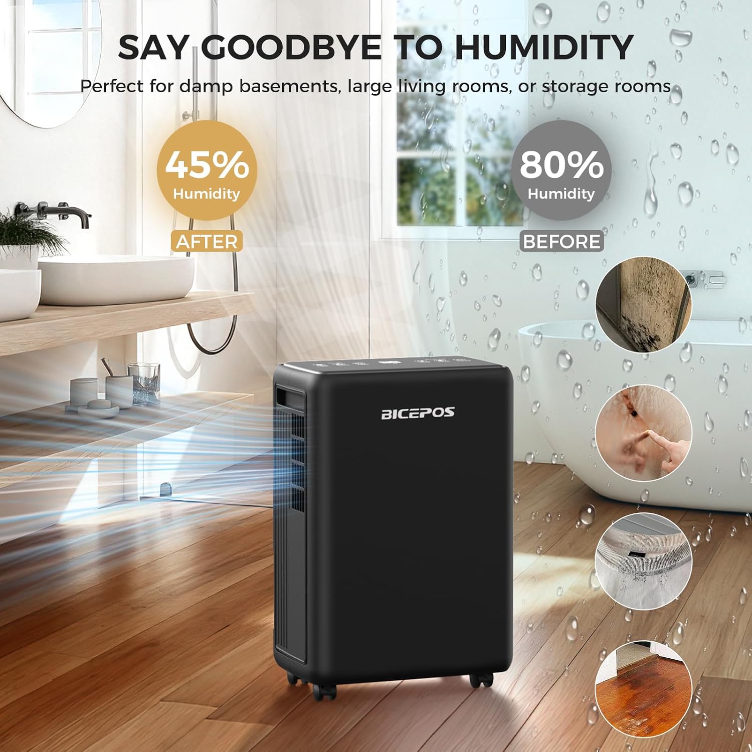 2000 Sq.Ft Dehumidifier for Basement, 30 Pints Dehumidifiers for Home with Drain Hose, 3 Mode, Auto Defrost, Intelligent Humidity Control for Bathroom, Bedroom, Large Room, Laundry, RV, Office