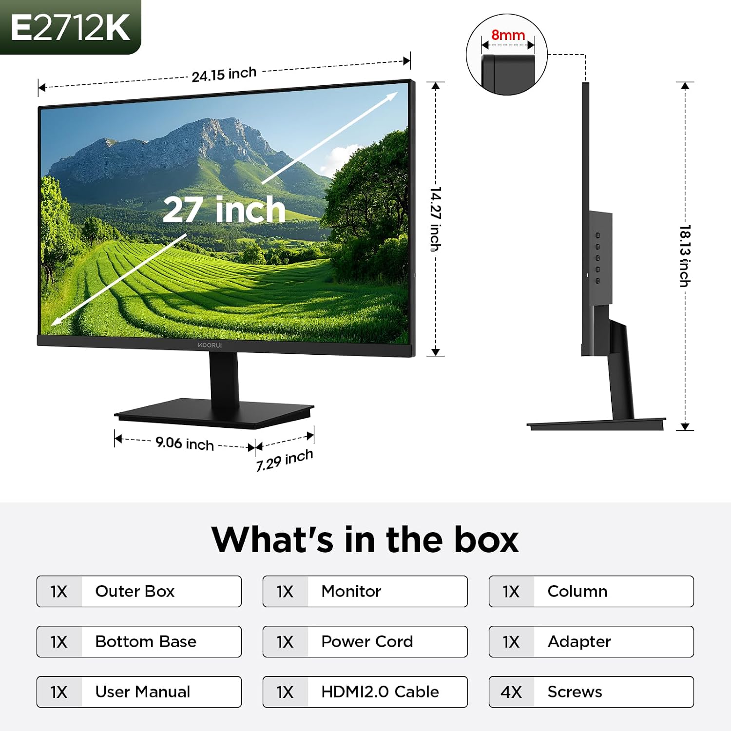 KOORUI 27 Inch Gaming Office Monitor 144Hz VA Display 4000:1 Contrast Ratio, FreeSync FHD 1080P, Eye Care TÜV Rheinland Certified, Slim Bezels, HDMI VGA Ports, Ergonomic Tilt, VESA Mount, Black