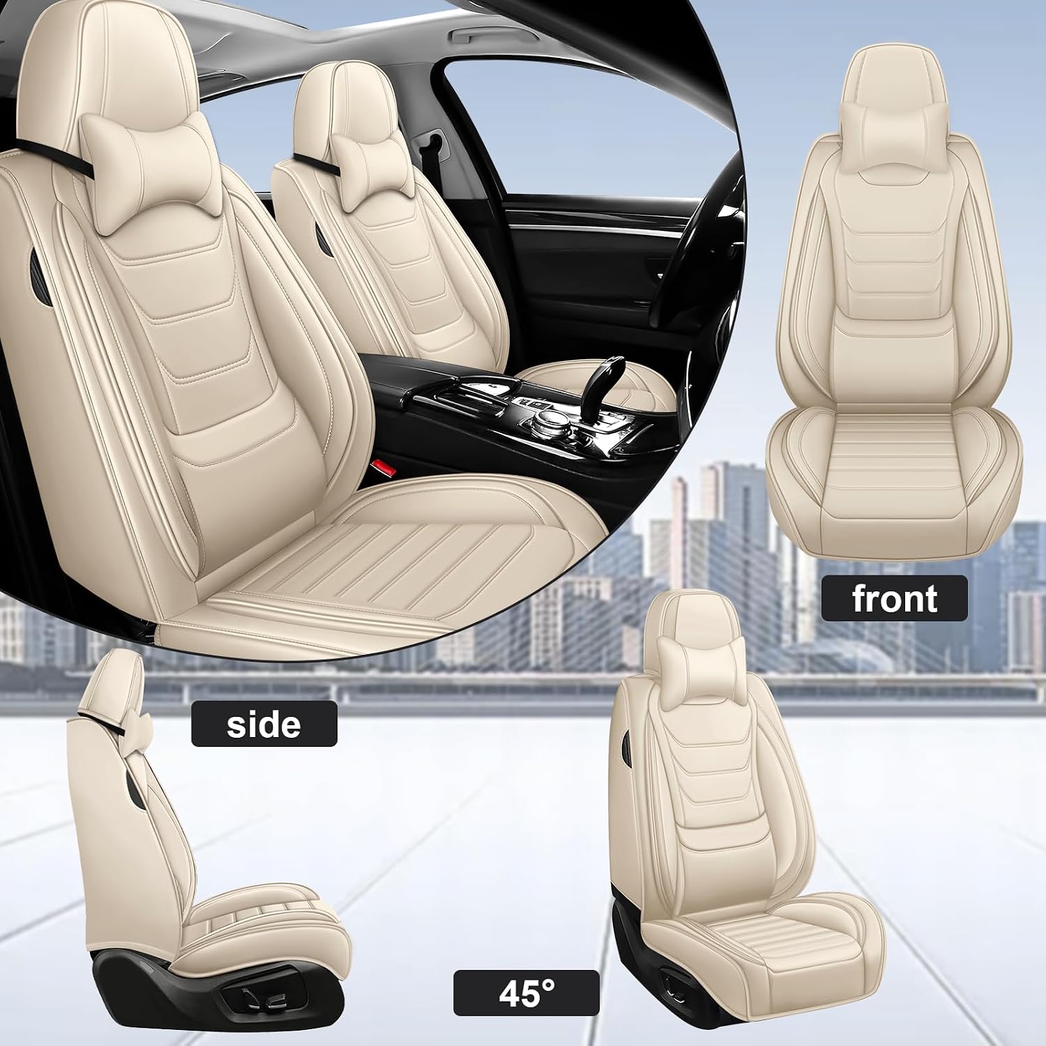 DHAEY Car Seat Covers for Buick Encore GX 2020-2026, Family Seat Covers, Nappa Leather, Wear-Resistant, Anti-Slip, Waterproof, 2PCS Front with Pillows, Beige