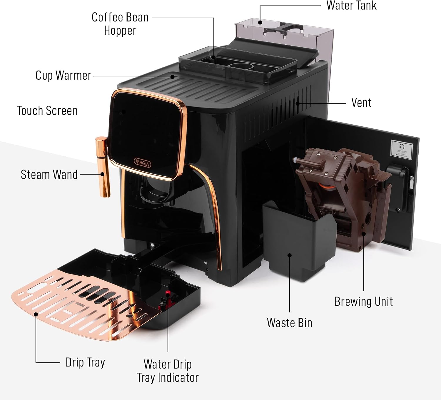 Zulay Kitchen Magia Automatic Espresso Machine – Clasica, Black Copper – Super Automatic Coffee Maker with Built-in Grinder, Steam Wand, Self-Cleaning, Touch Panel, for Bean & Ground Coffee